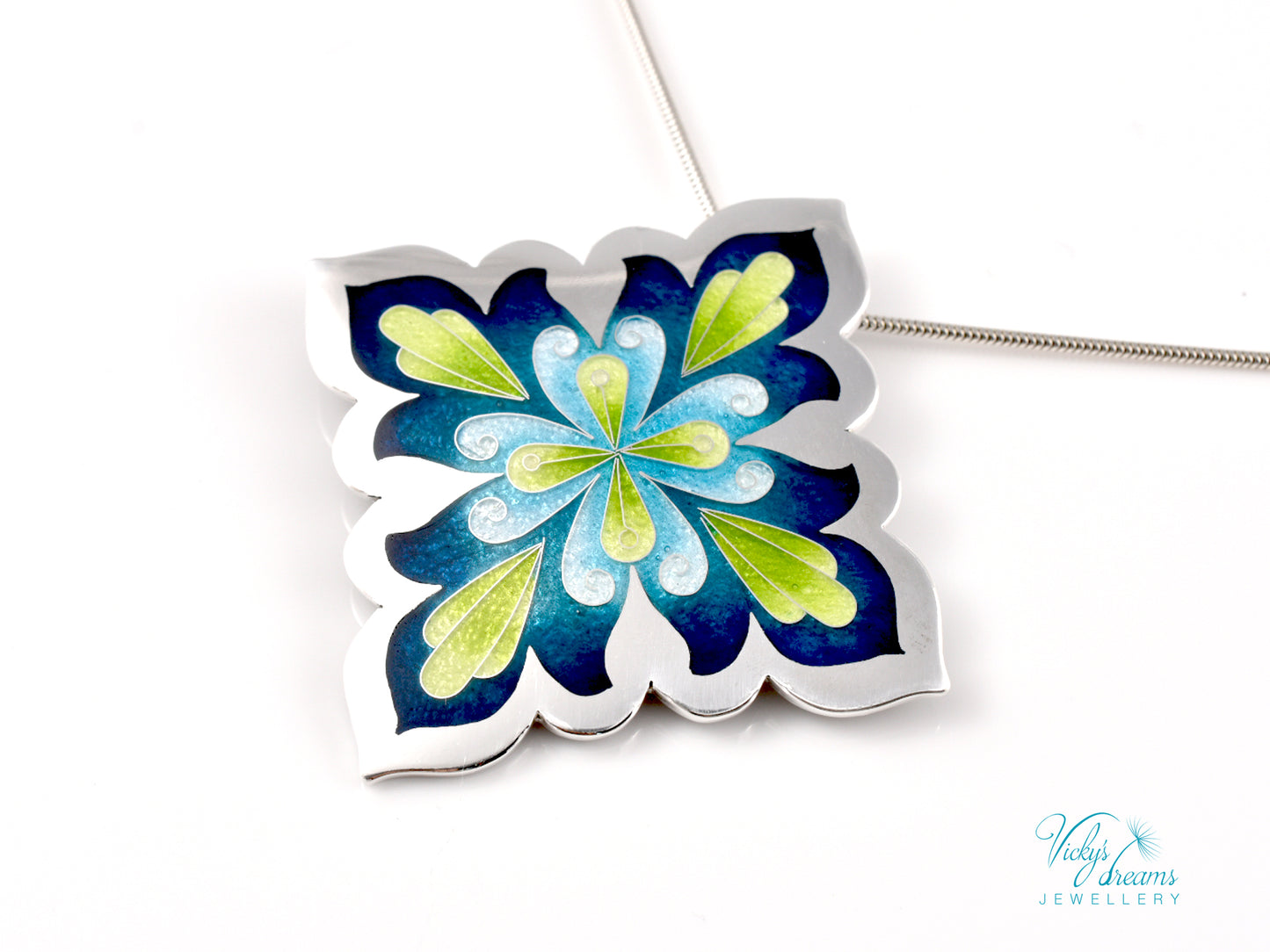 Vibrant Flower Mandala Necklace – Champlevé Enamel in Fine Silver