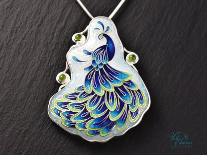 Handmade Cloisonné Enamel Peacock Necklace with Peridot – Symbol of Beauty & Protection, Sterling Silver