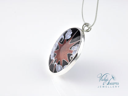 Copper Sun & Clouds, sterling silver necklace, cloisonne enameled jewelry