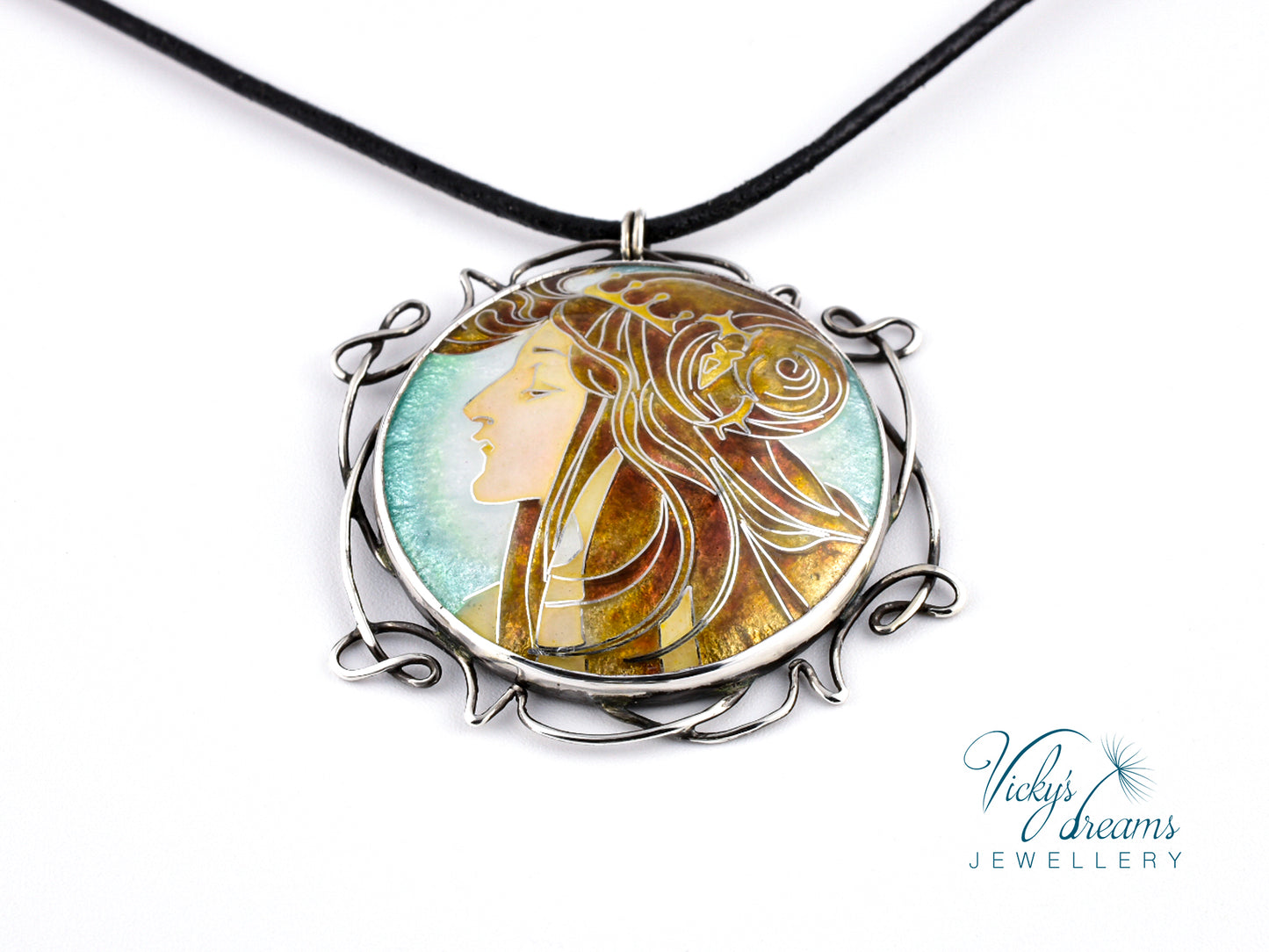 Inspired by Mucha - Cloisonné enamel, silver necklace