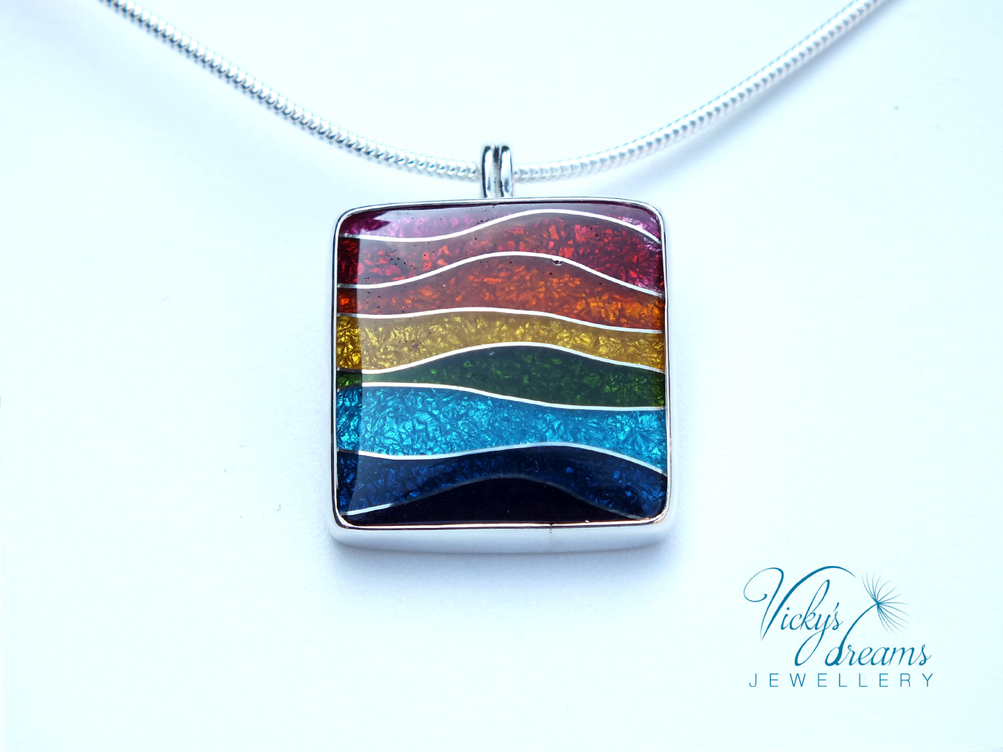 Vibrant color rainbow, sterling silver necklace, cloisonne enameled jewelry