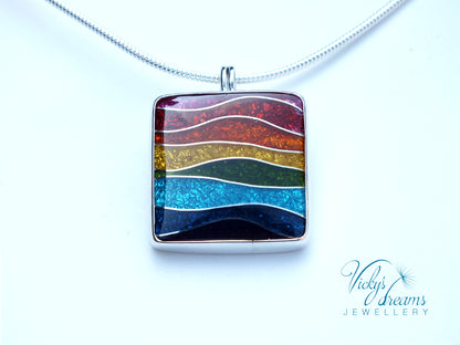 Vibrant color rainbow, sterling silver necklace, cloisonne enameled jewelry