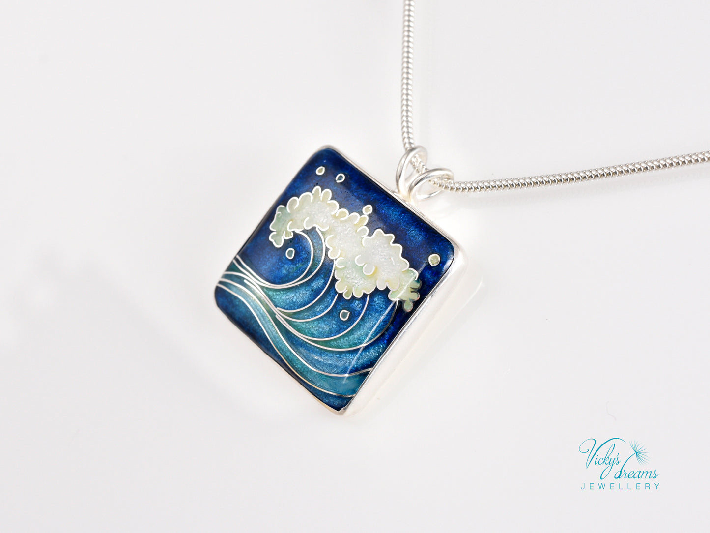 Voice of the Sea – Handcrafted Cloisonné Enamel Wave Pendant in Sterling Silver