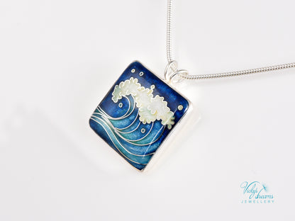 Voice of the Sea – Handcrafted Cloisonné Enamel Wave Pendant in Sterling Silver