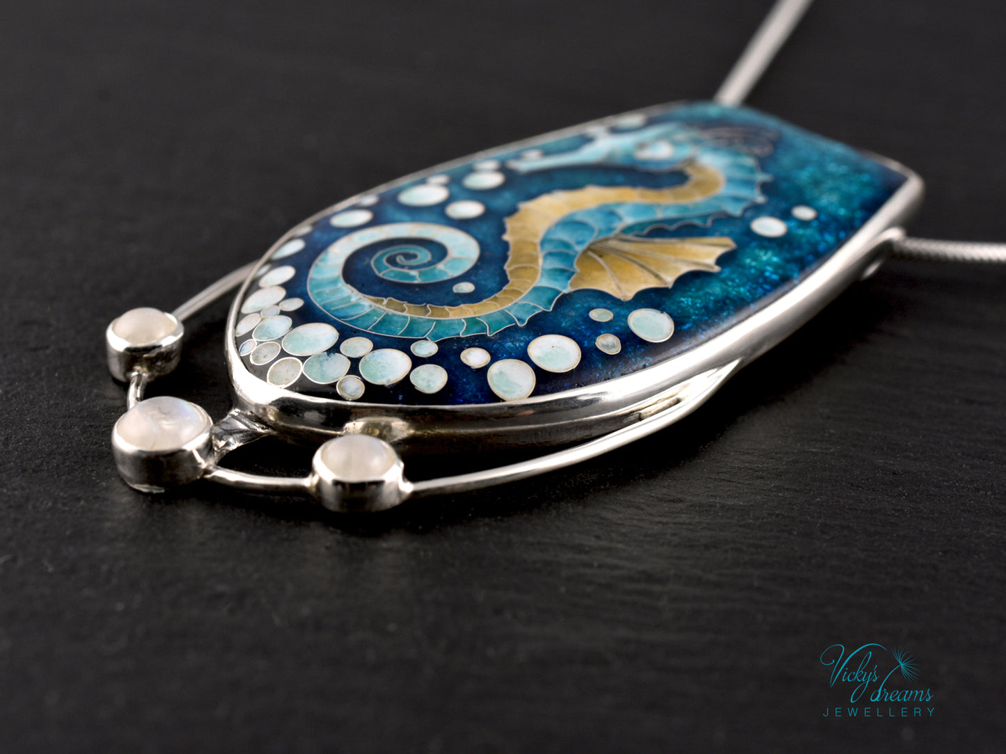 Seahorse Necklace – Cloisonné Enamel with Rainbow Moonstones