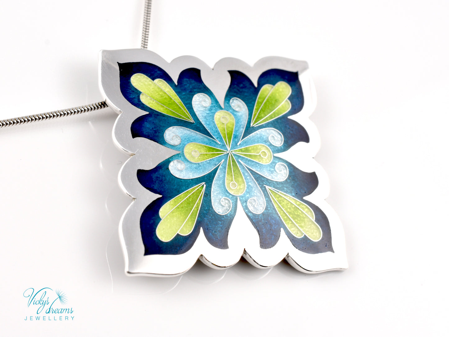 Vibrant Flower Mandala Necklace – Champlevé Enamel in Fine Silver