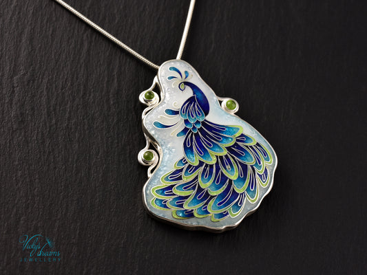 Handmade Cloisonné Enamel Peacock Necklace with Peridot – Symbol of Beauty & Protection, Sterling Silver