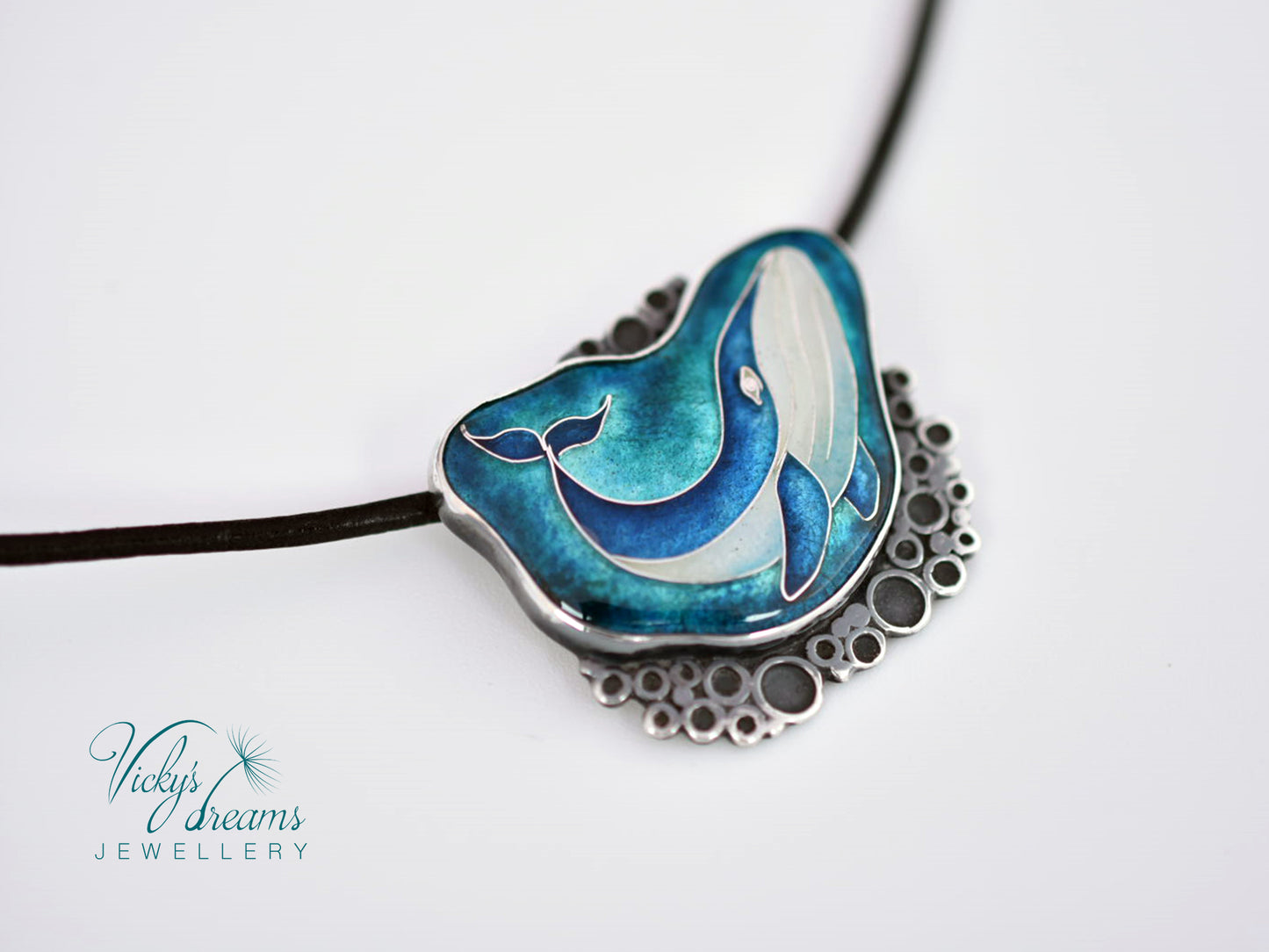 Whale in sea bubbles, sterling silver necklace, cloisonne enameled jewelry