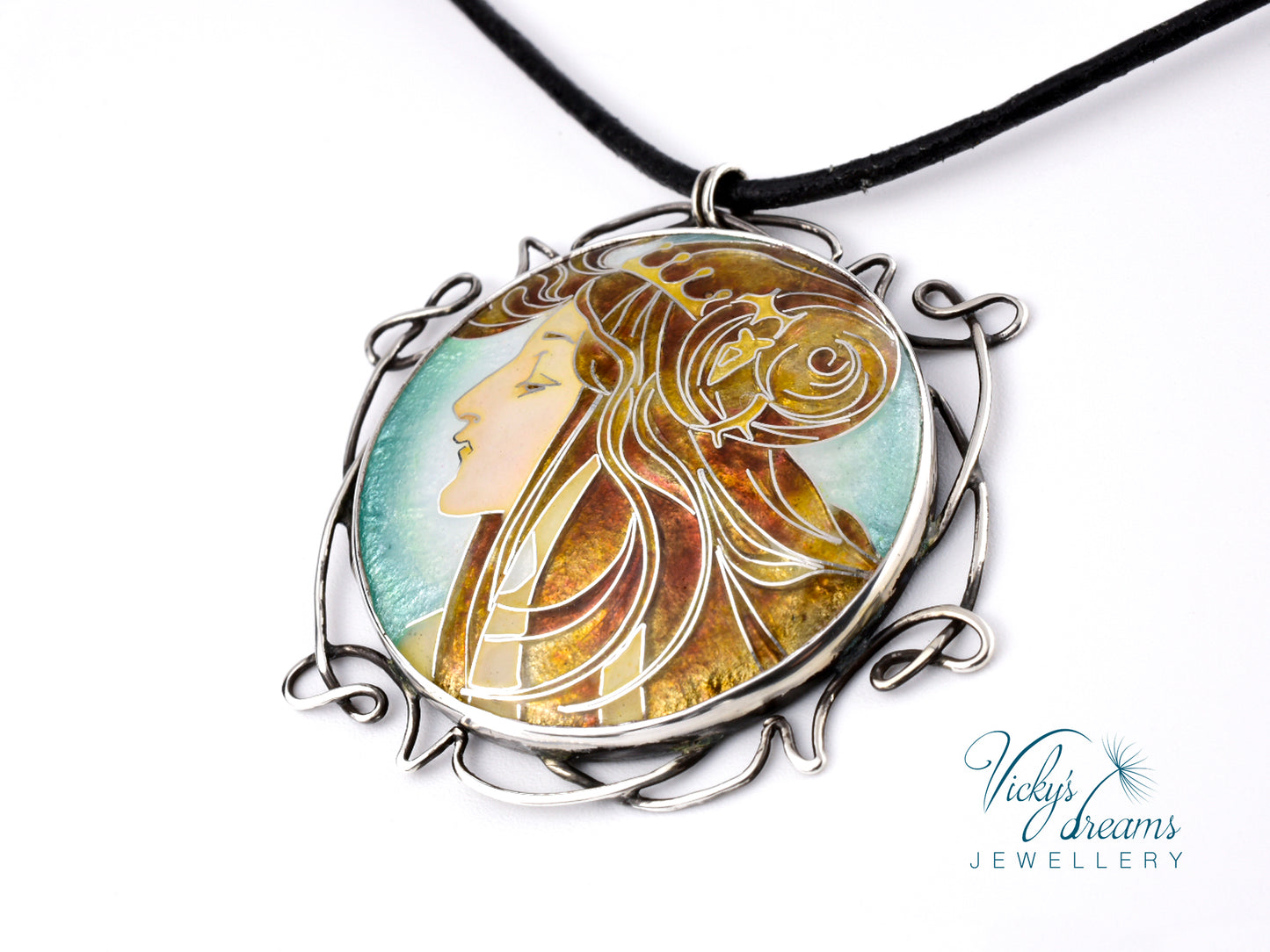 Inspired by Mucha - Cloisonné enamel, silver necklace