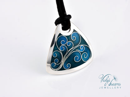 flower tendrills blue triangle, sterling silver pendant, cloisonne enameled jewelry