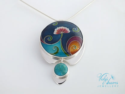 Vibrant color flower and tendrils with natural turquoise, sterling silver pendant, cloisonne enameled jewelry, handmade jewelry