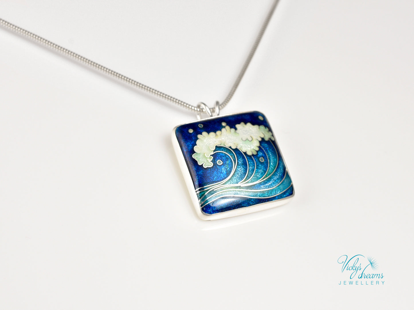 Voice of the Sea – Handcrafted Cloisonné Enamel Wave Pendant in Sterling Silver