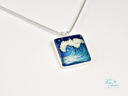 Voice of the Sea – Handcrafted Cloisonné Enamel Wave Pendant in Sterling Silver