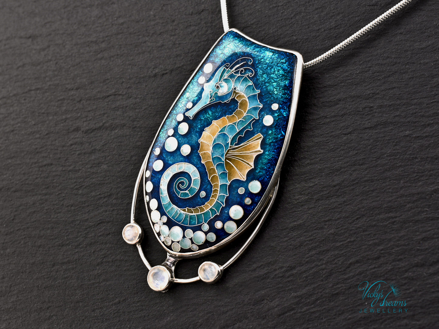 Seahorse Necklace – Cloisonné Enamel with Rainbow Moonstones