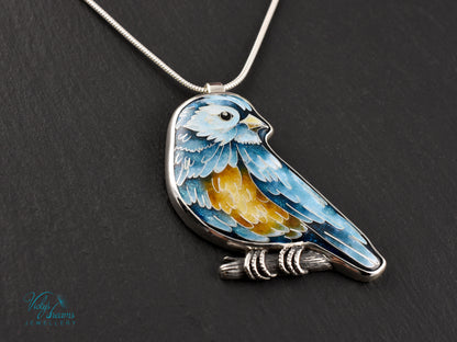 Handmade Cloisonné Bird Pendant – Enamel Necklace in Sterling Silver – Colorful Songbird Jewelry – Nature-Inspired Artisan Gift