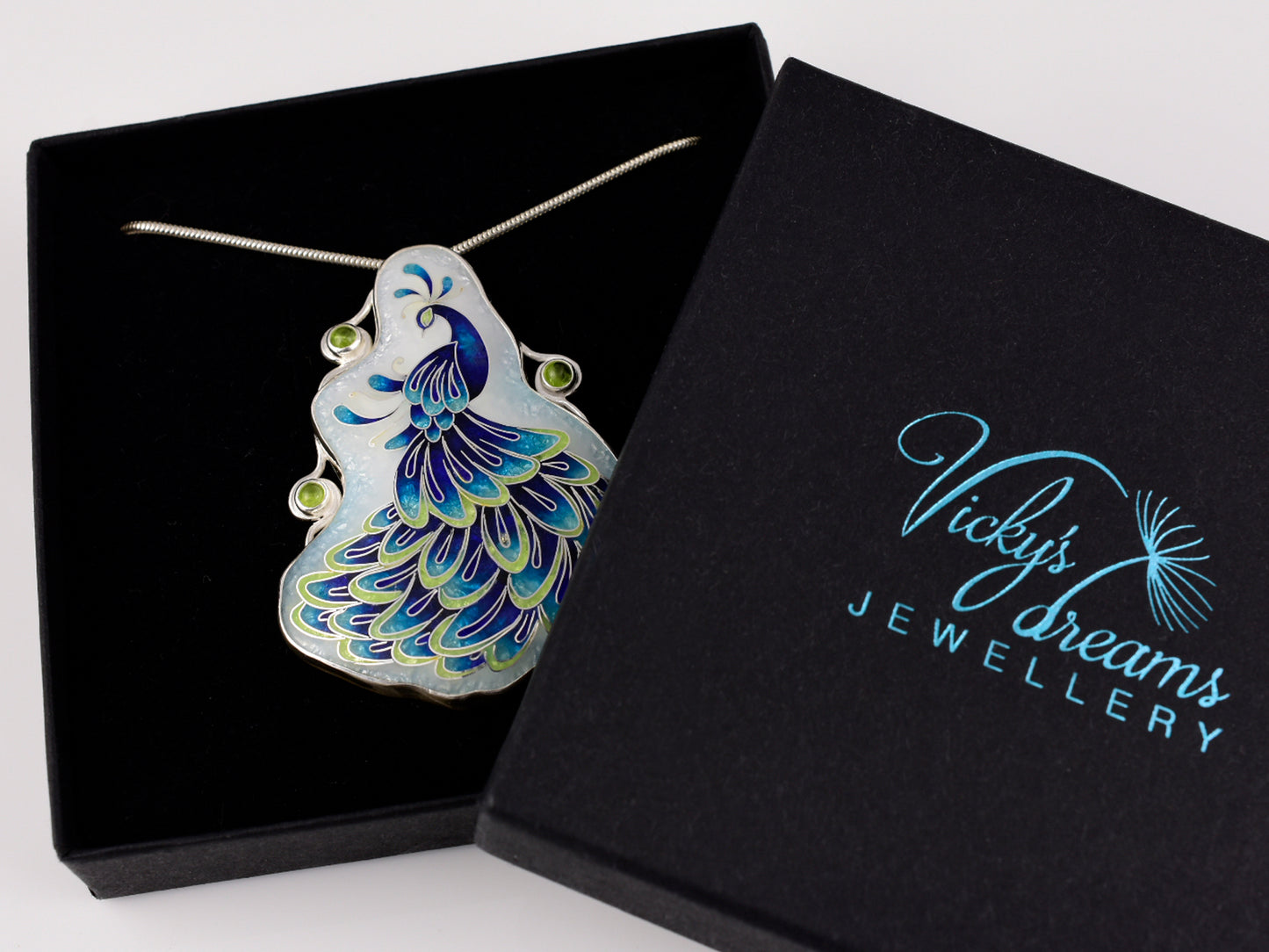 Handmade Cloisonné Enamel Peacock Necklace with Peridot – Symbol of Beauty & Protection, Sterling Silver