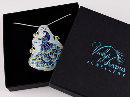 Handmade Cloisonné Enamel Peacock Necklace with Peridot – Symbol of Beauty & Protection, Sterling Silver