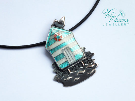 Beach-hut-Cloisonne enamel-necklace