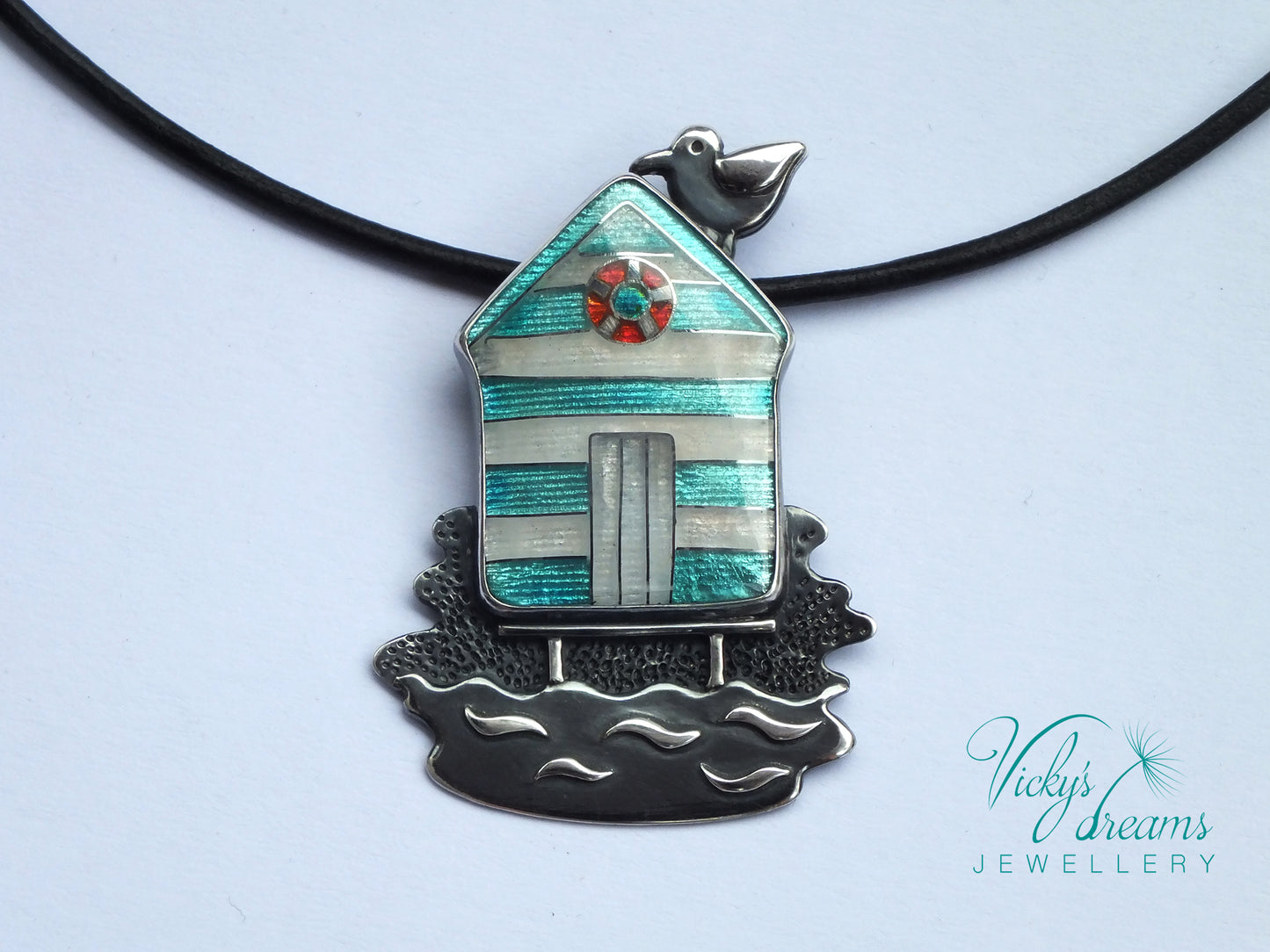 Beach-hut-Cloisonne enamel-necklace