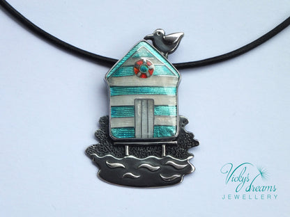 Beach-hut-Cloisonne enamel-necklace