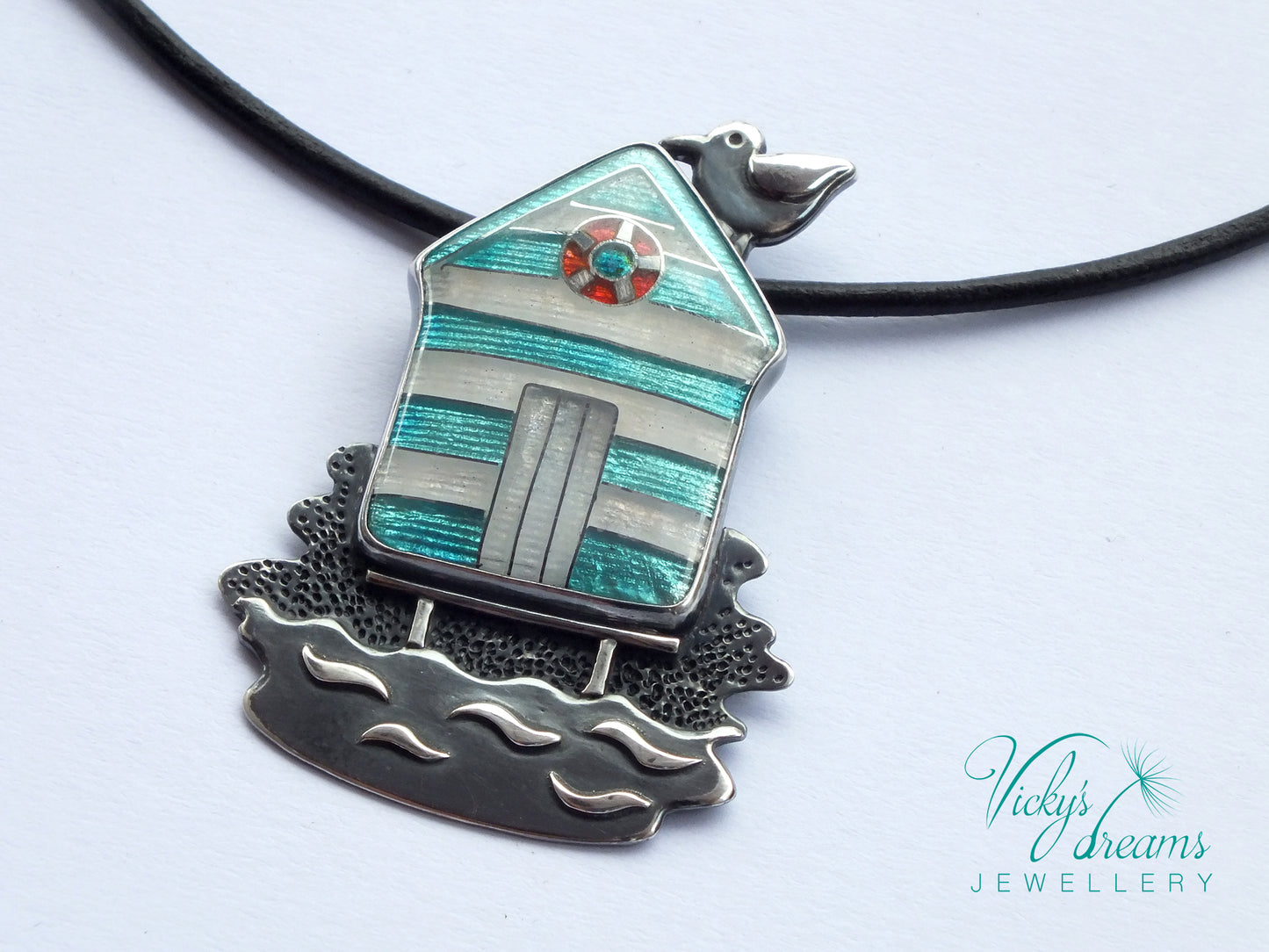 Beach-hut-Cloisonne enamel-necklace