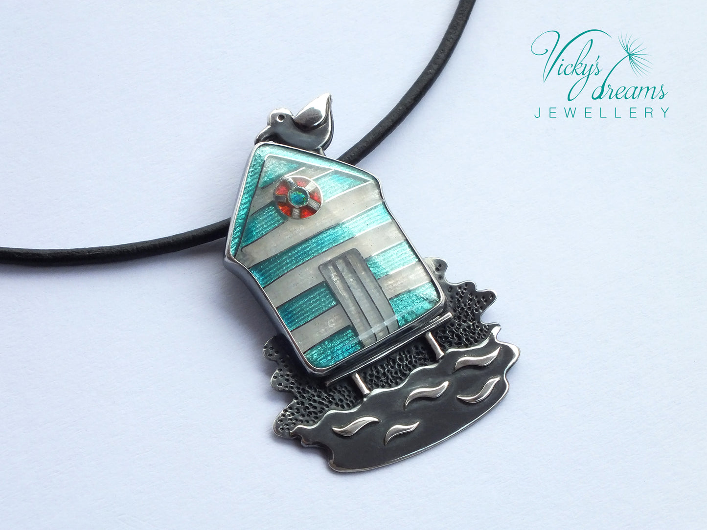 Beach-hut-Cloisonne enamel-necklace