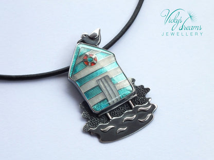 Beach-hut-Cloisonne enamel-necklace