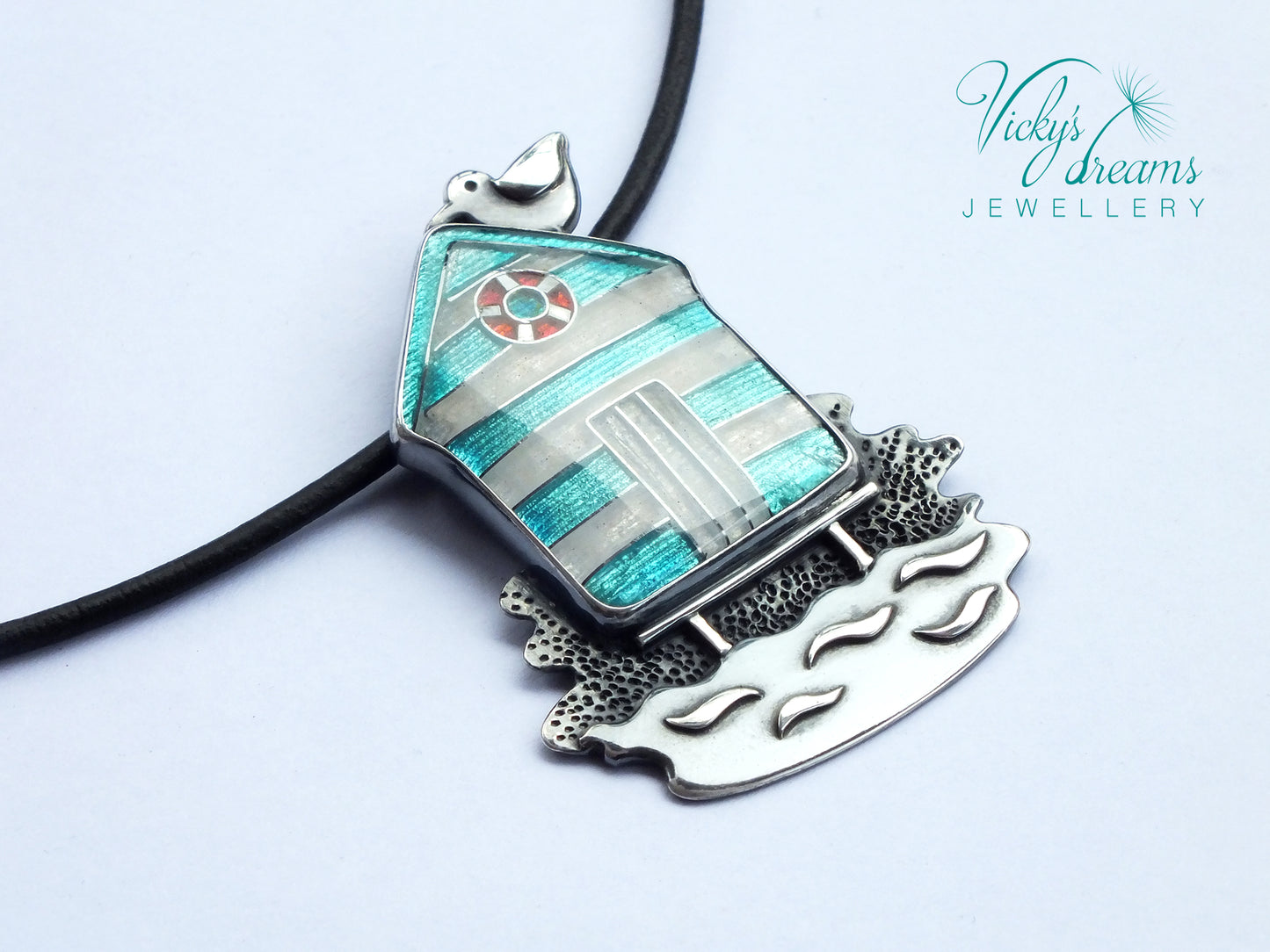 Beach-hut-Cloisonne enamel-necklace