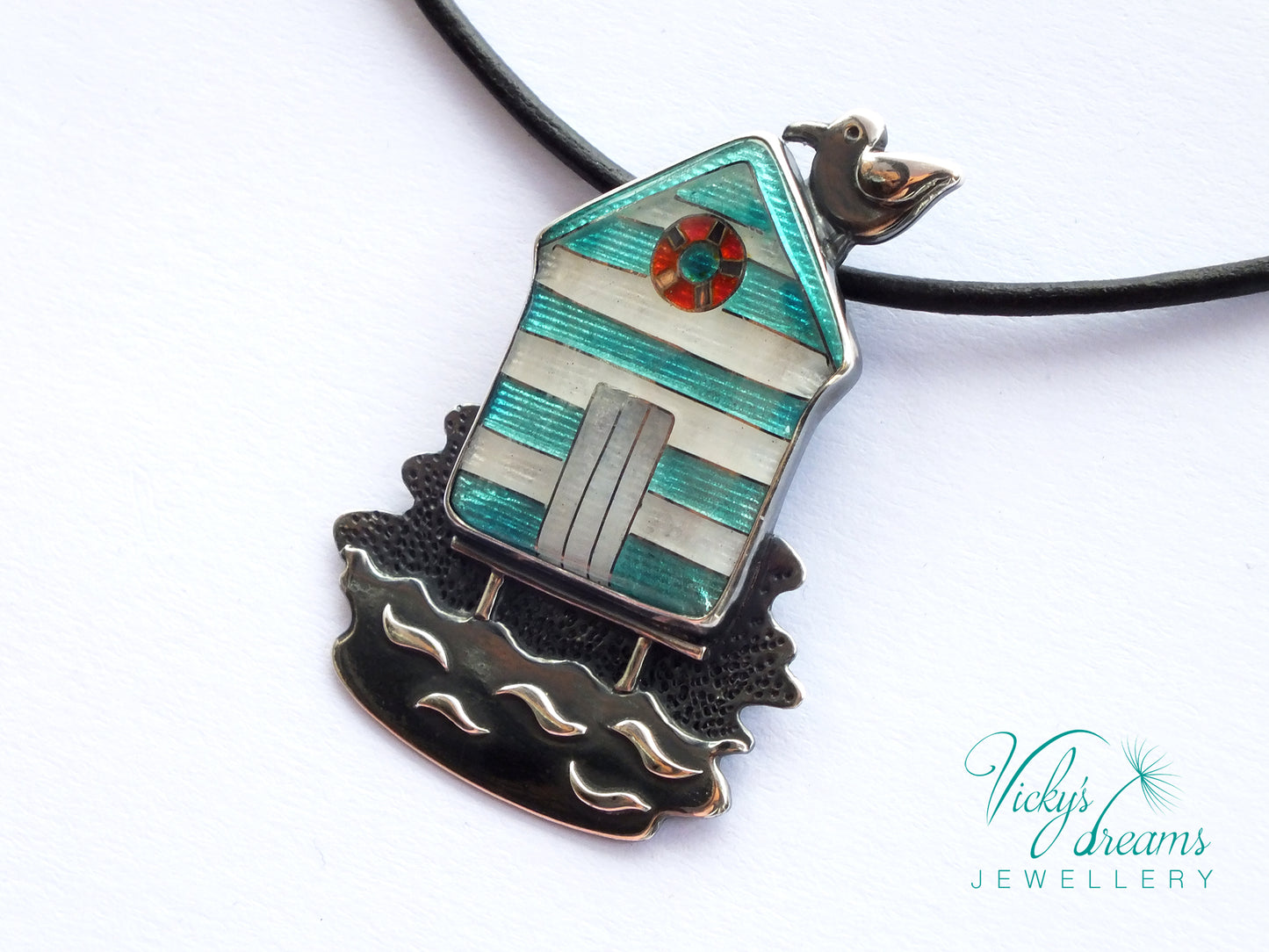 Beach-hut-Cloisonne enamel-necklace