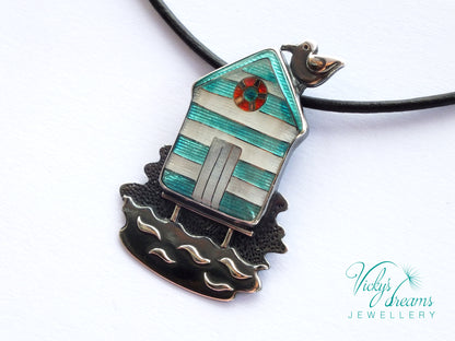 Beach-hut-Cloisonne enamel-necklace