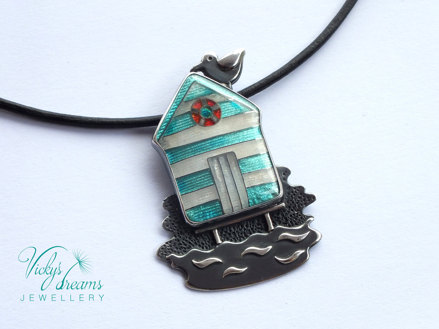 Beach-hut-Cloisonne enamel-necklace