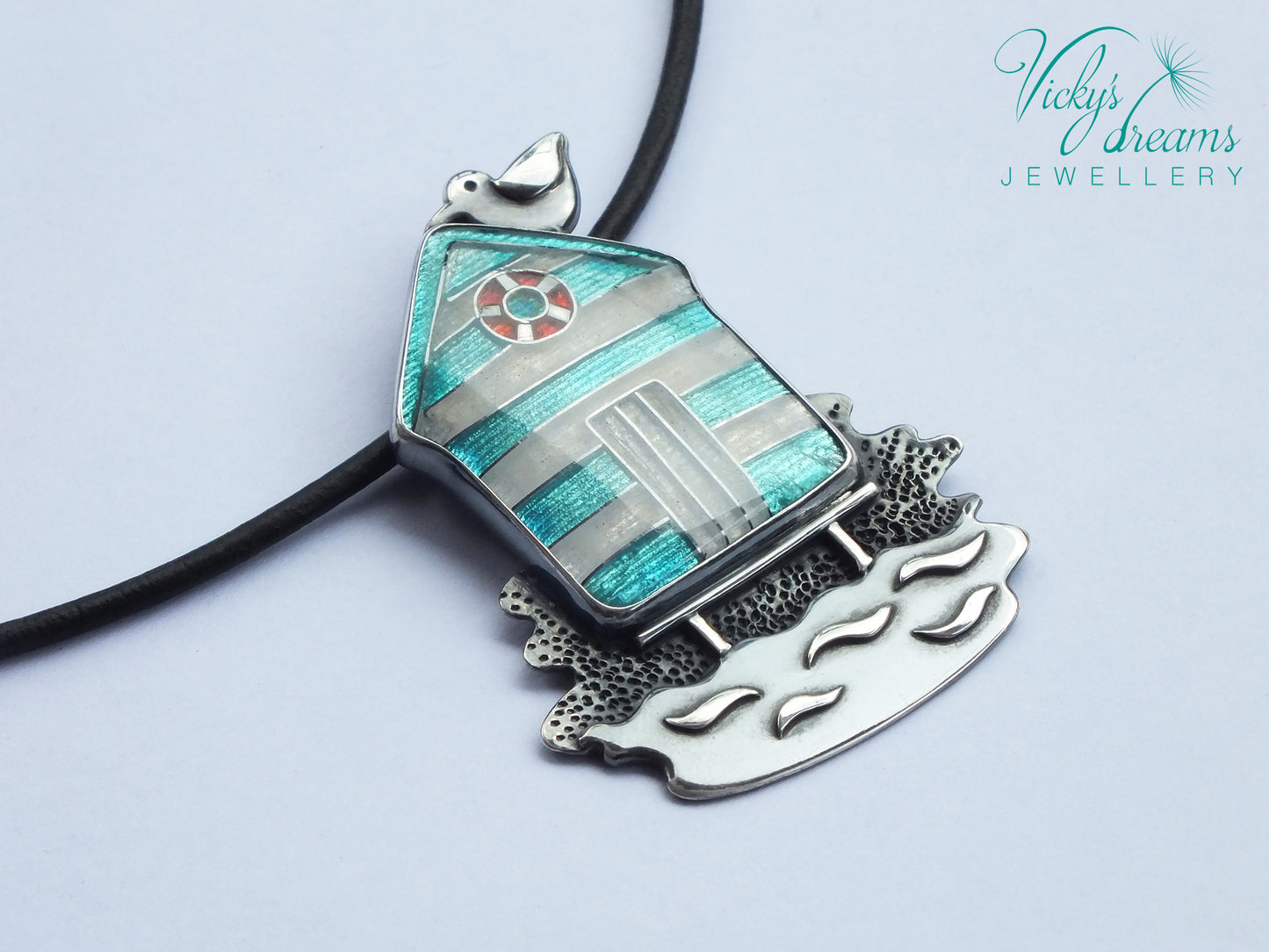 Beach-hut-Cloisonne enamel-necklace