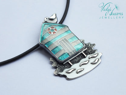 Beach-hut-Cloisonne enamel-necklace