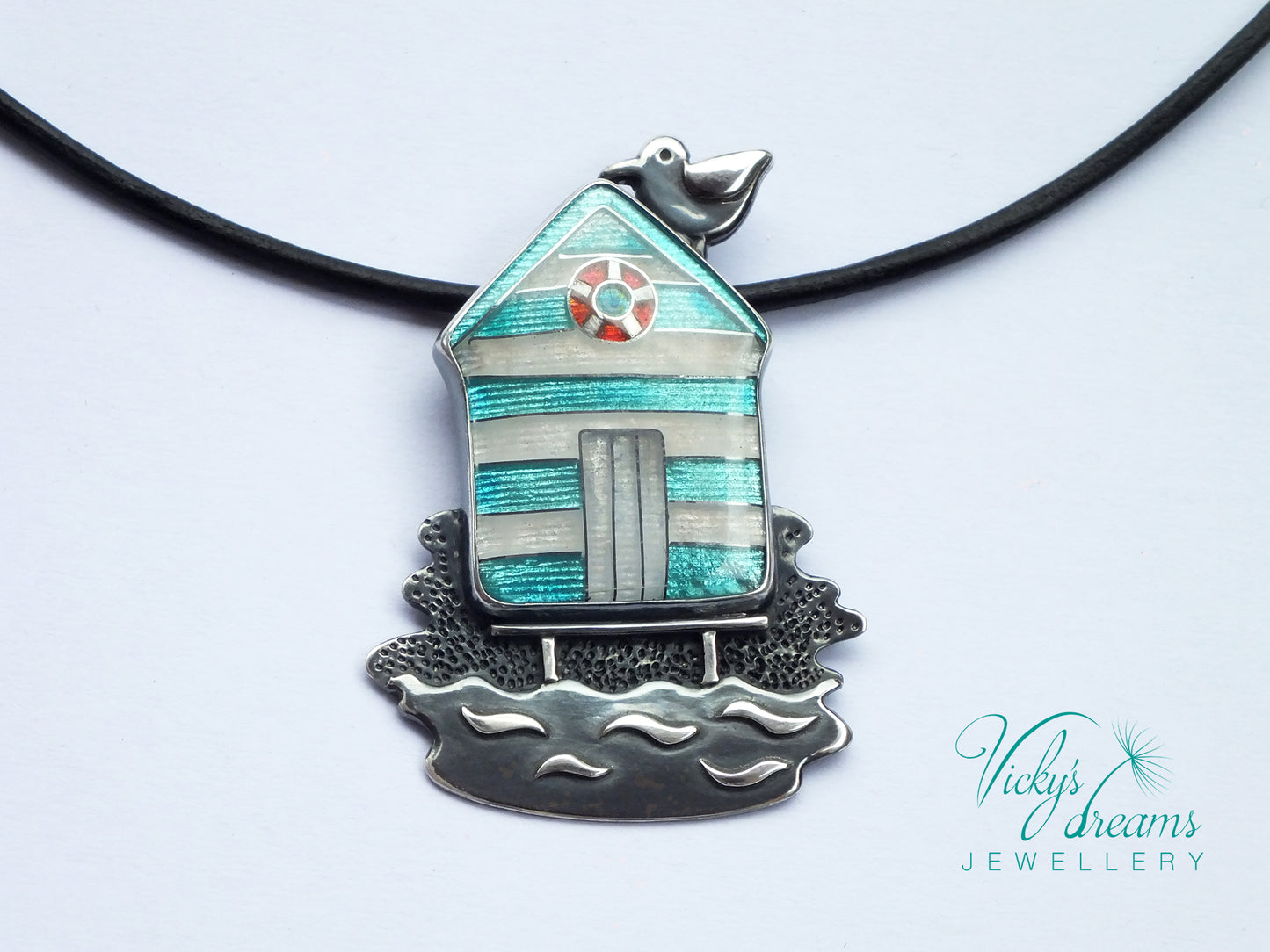 Beach-hut-Cloisonne enamel-necklace