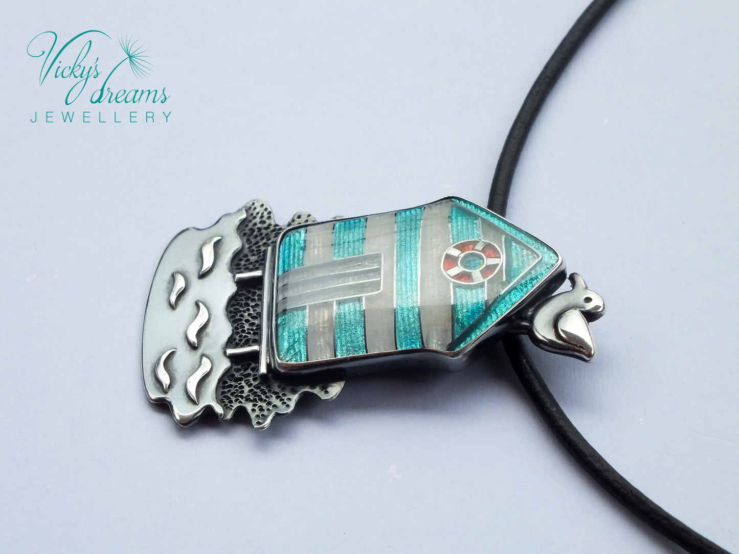 Beach-hut-Cloisonne enamel-necklace