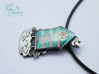 Beach-hut-Cloisonne enamel-necklace