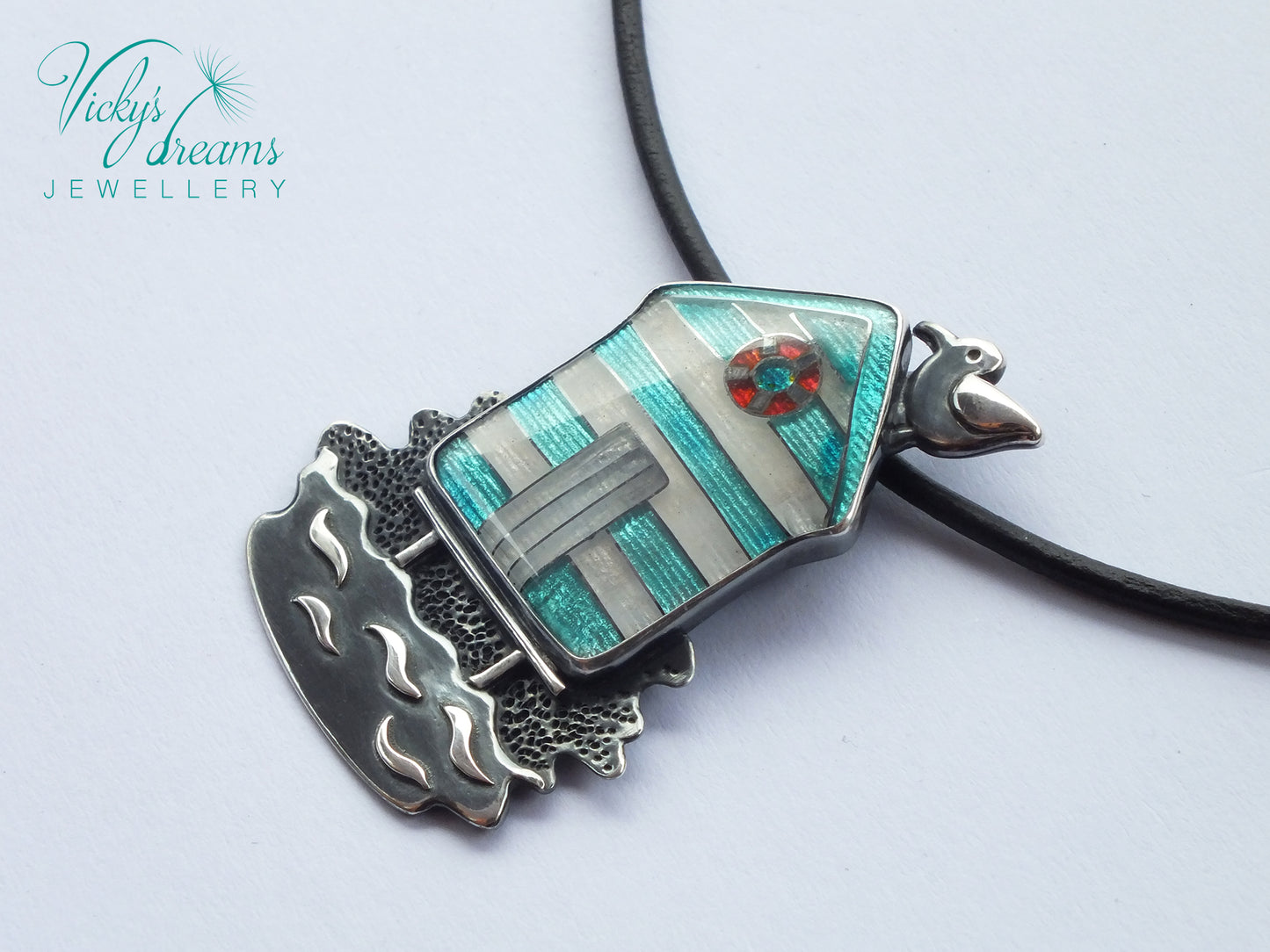 Beach-hut-Cloisonne enamel-necklace