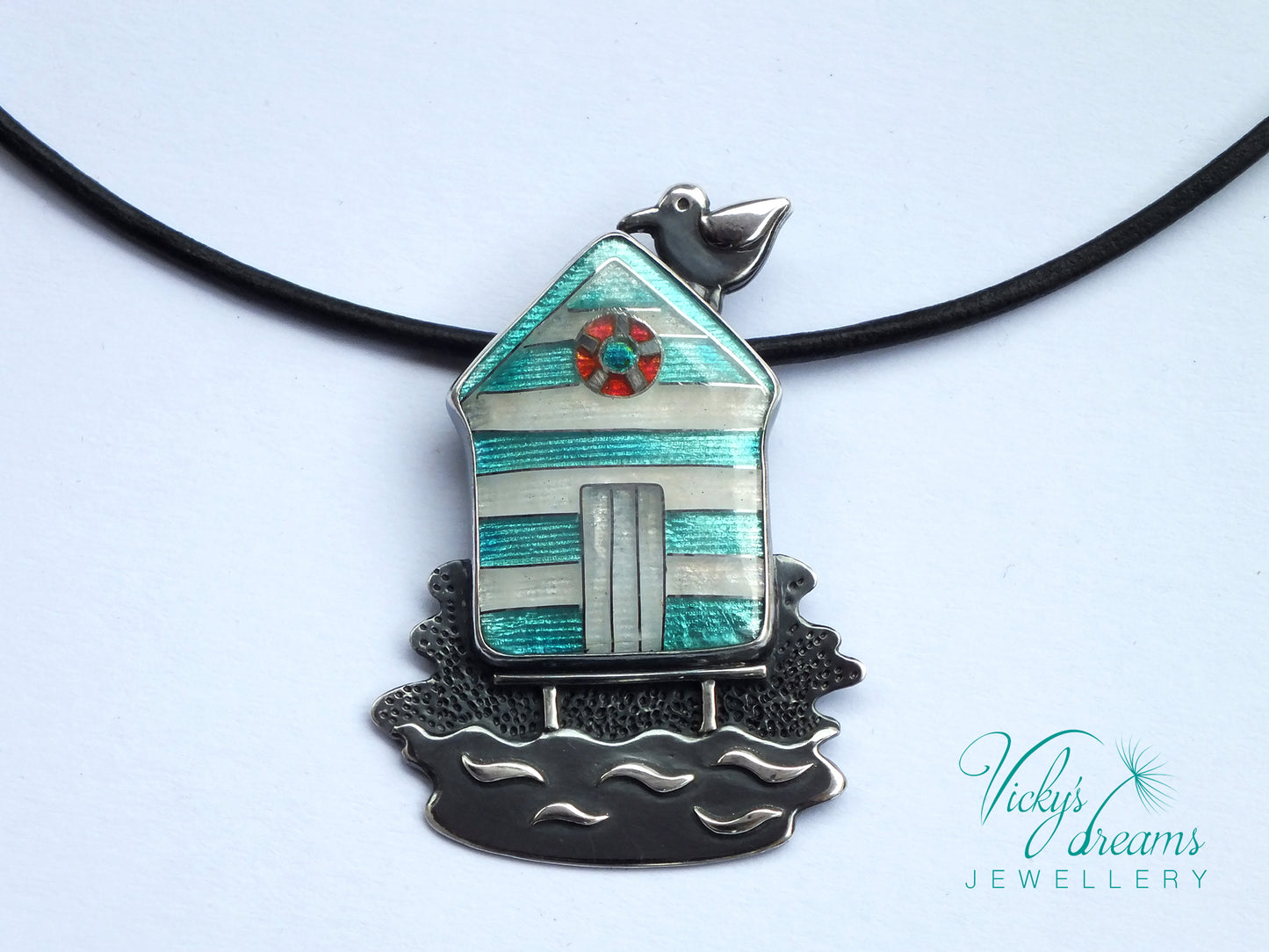 Beach-hut-Cloisonne enamel-necklace