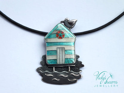 Beach-hut-Cloisonne enamel-necklace
