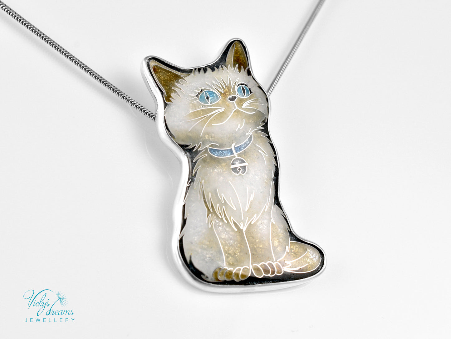 Burmese Cat Cloisonné Enamel Pendant - Handmade Sterling Silver Jewelry
