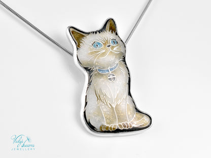 Burmese Cat Cloisonné Enamel Pendant - Handmade Sterling Silver Jewelry
