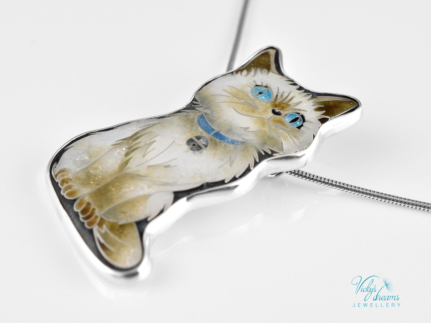 Burmese Cat Cloisonné Enamel Pendant - Handmade Sterling Silver Jewelry