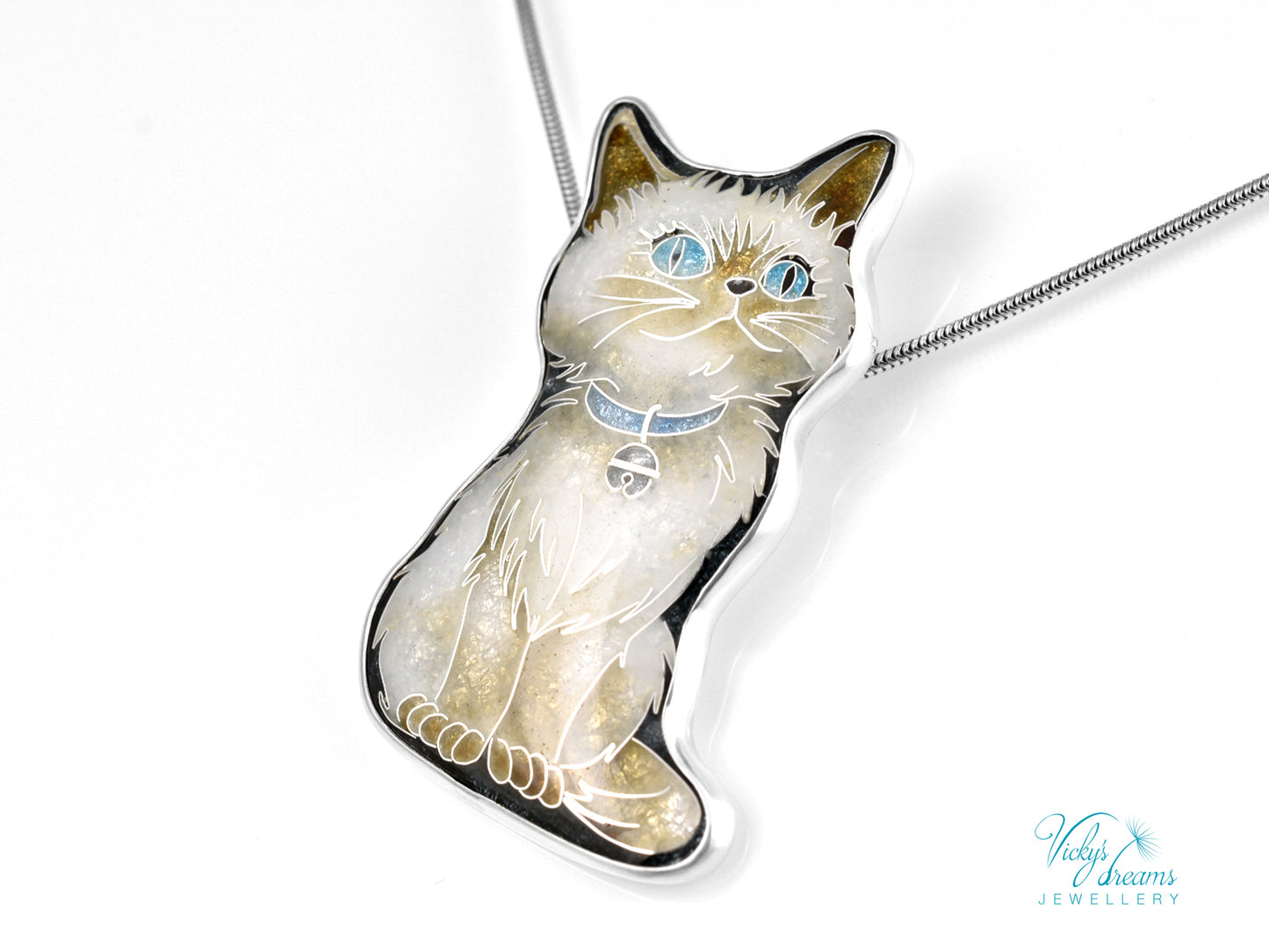 Burmese Cat Cloisonné Enamel Pendant - Handmade Sterling Silver Jewelry