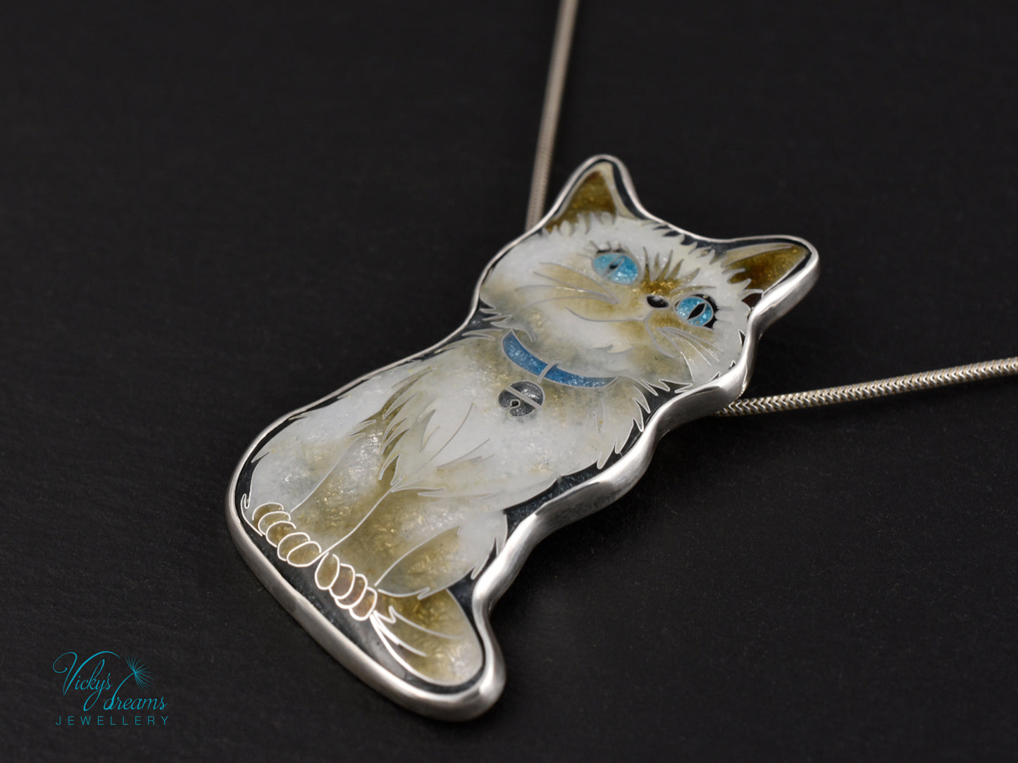 Burmese Cat Cloisonné Enamel Pendant - Handmade Sterling Silver Jewelry