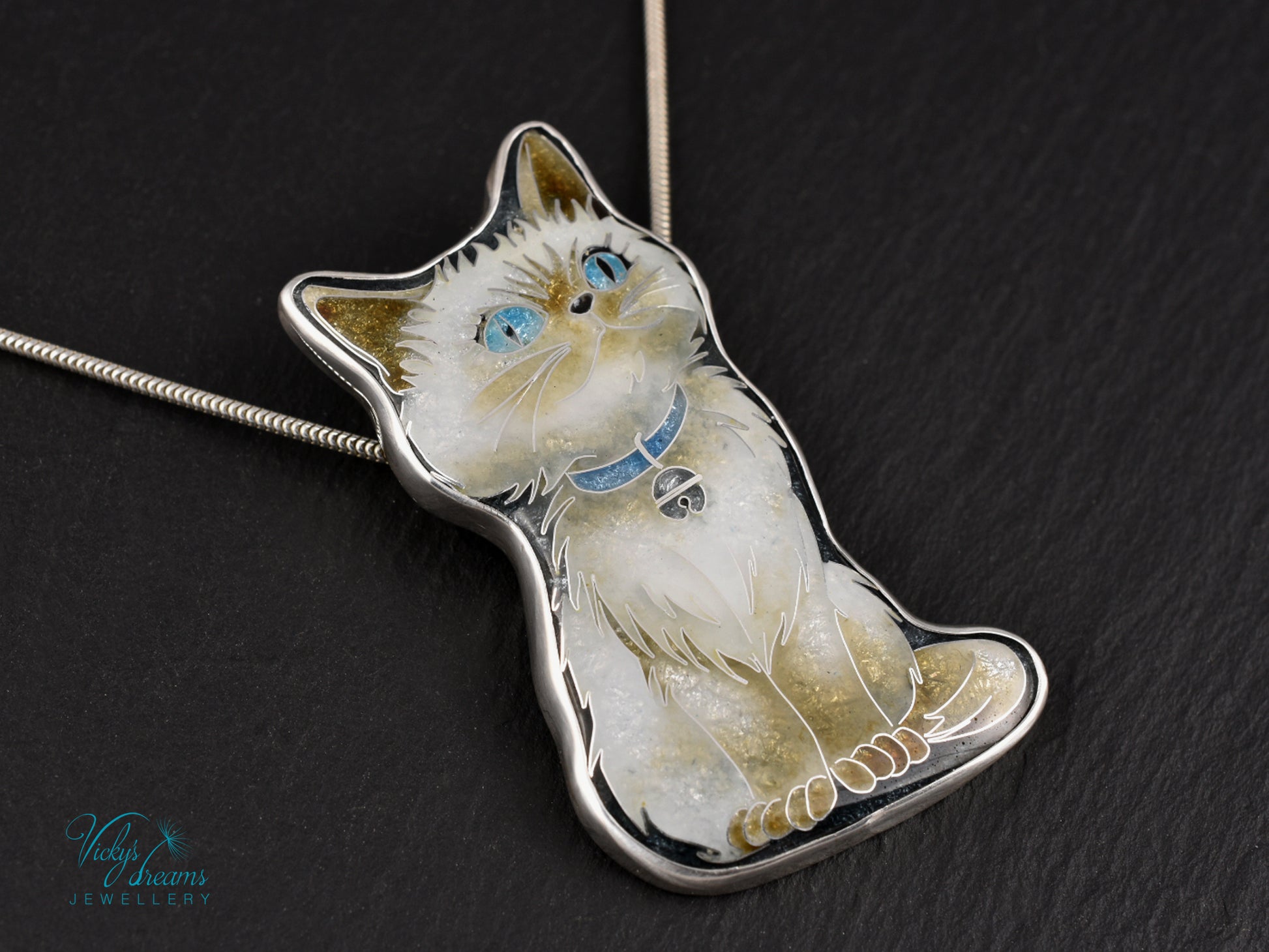 Burmese Cat Cloisonné Enamel Pendant - Handmade Sterling Silver Jewelry