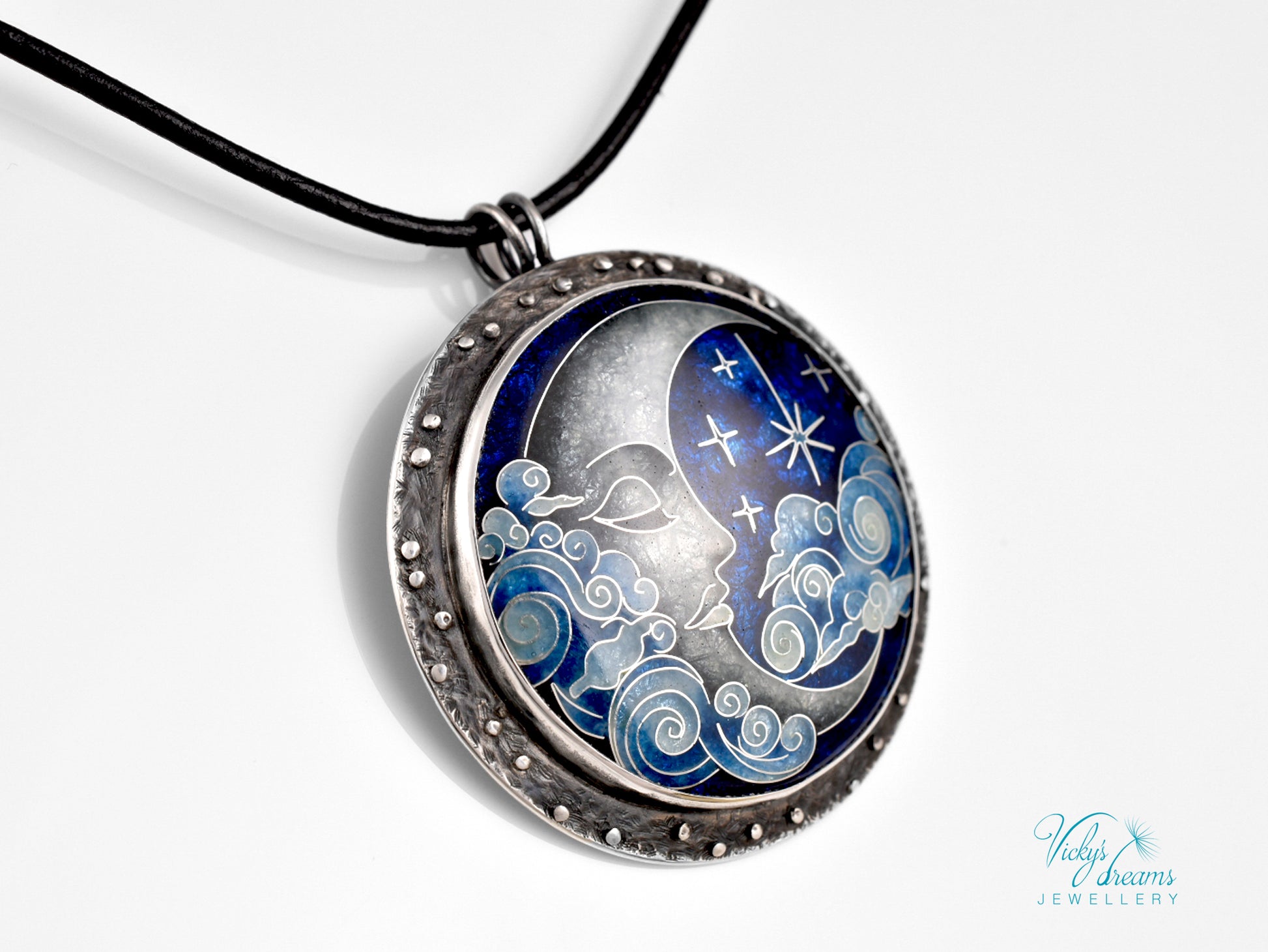 Moon and Stars Cloisonné Enamel Pendant - Handmade Sterling Silver Jewelry