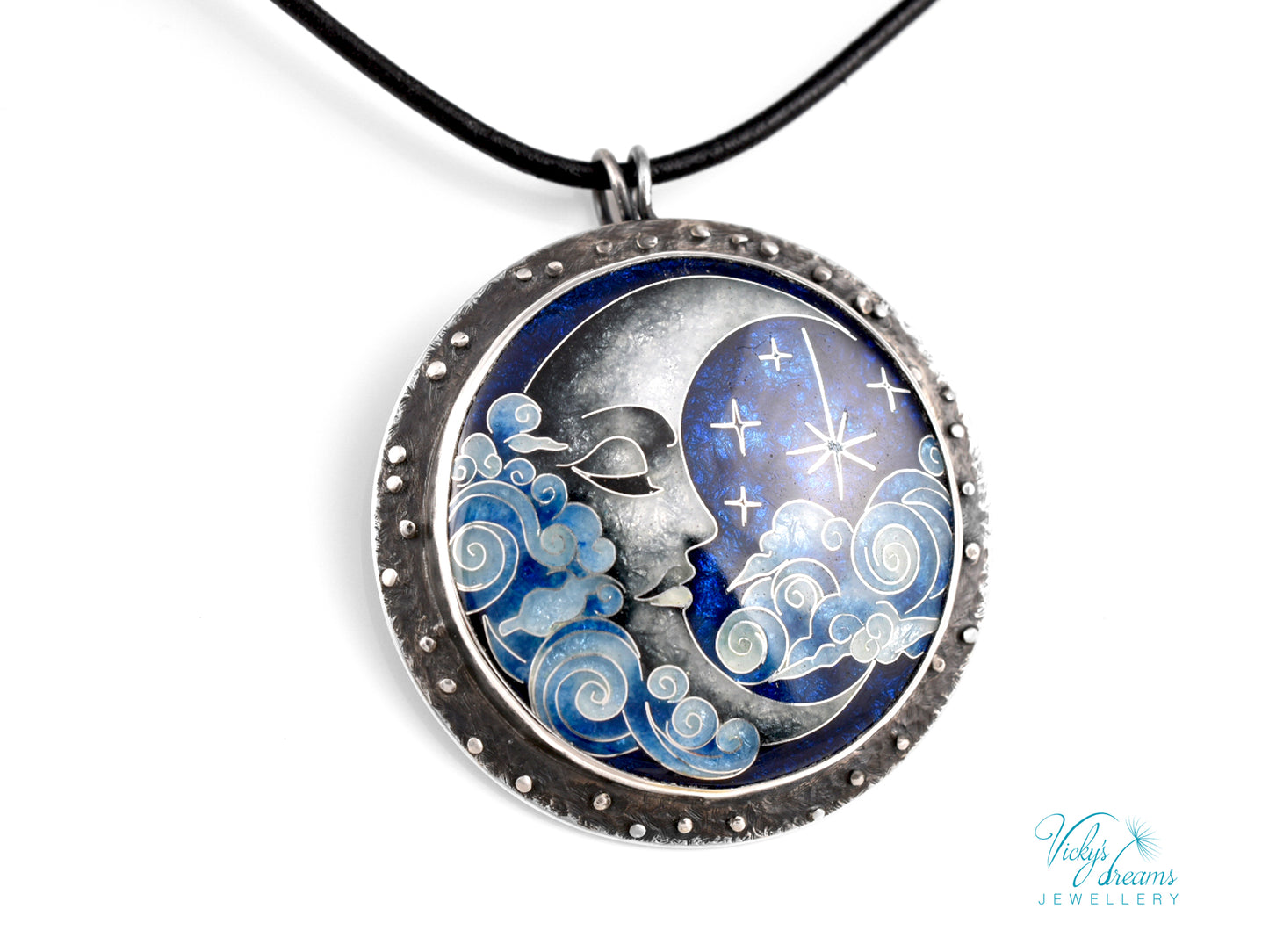 Moon and Stars Cloisonné Enamel Pendant - Handmade Sterling Silver Jewelry