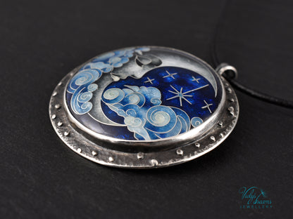 Moon and Stars Cloisonné Enamel Pendant - Handmade Sterling Silver Jewelry