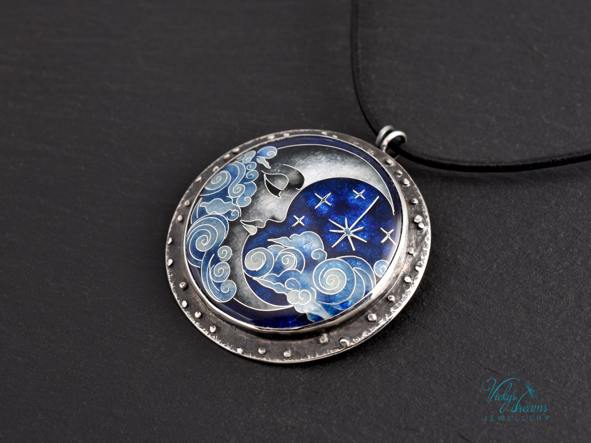 Moon and Stars Cloisonné Enamel Pendant - Handmade Sterling Silver Jewelry