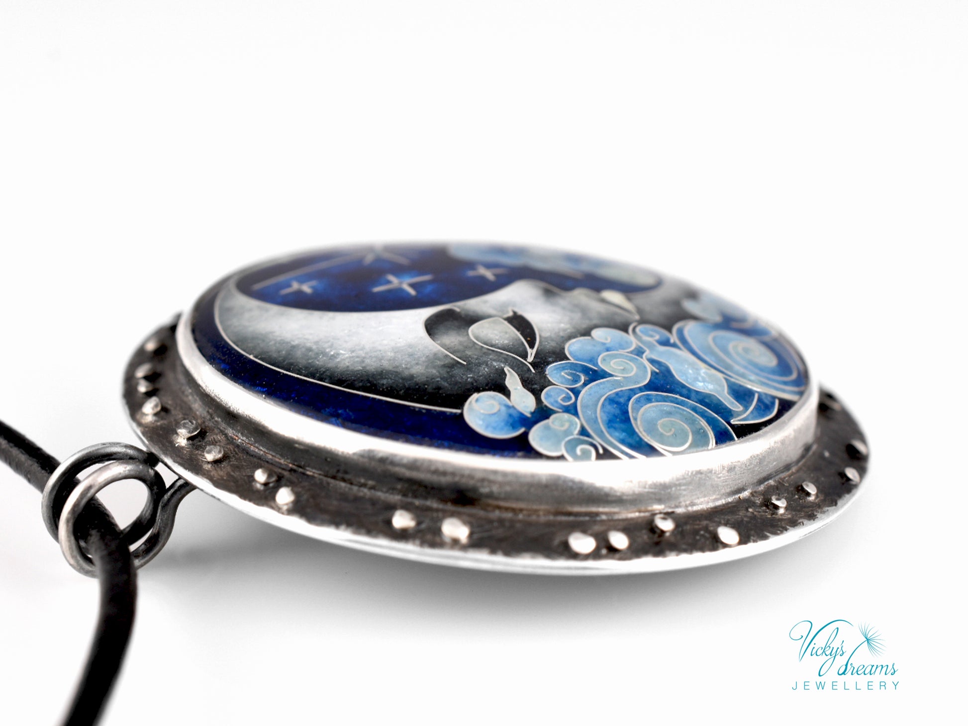 Moon and Stars Cloisonné Enamel Pendant - Handmade Sterling Silver Jewelry